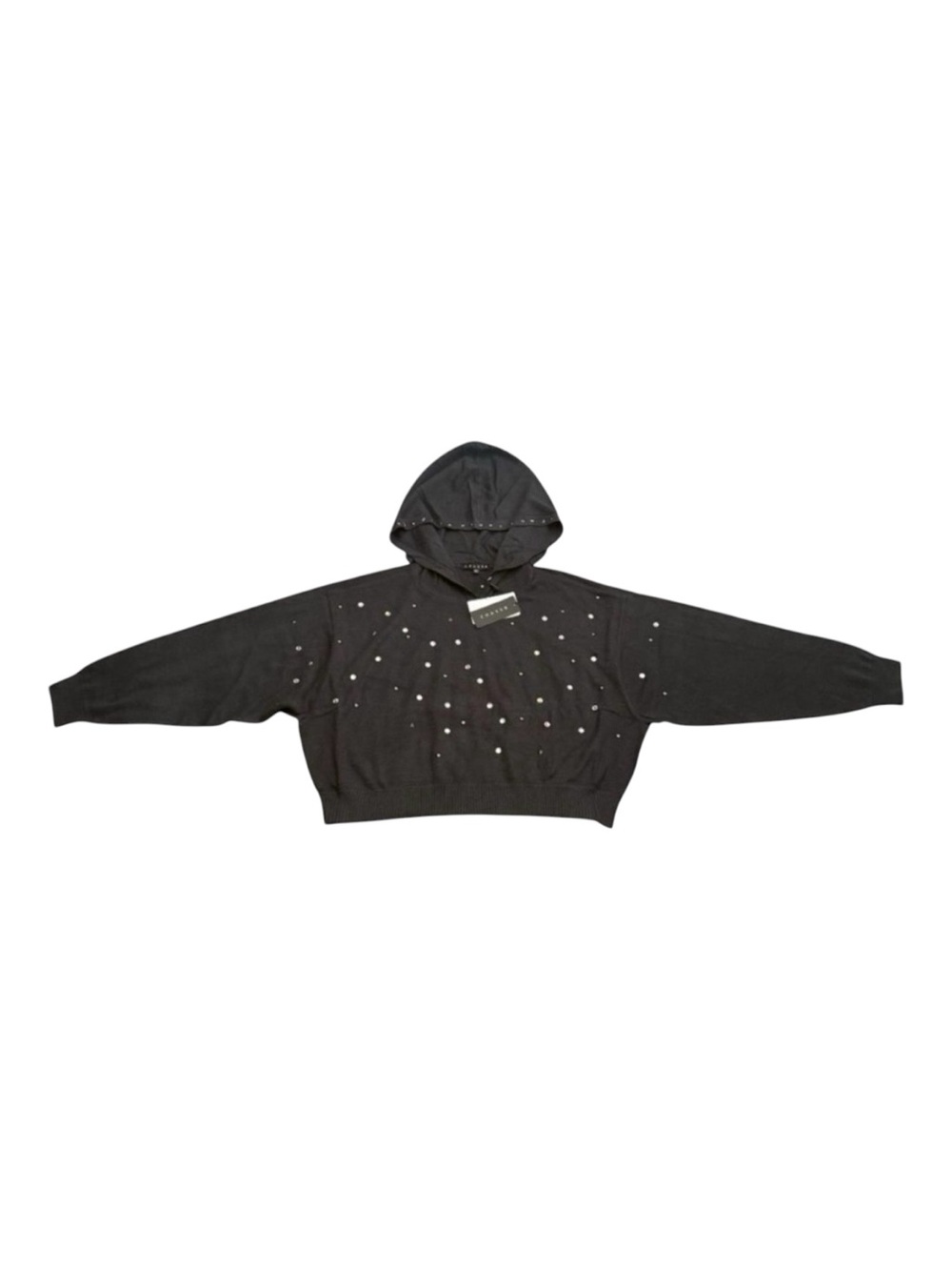 Chaser Cropped Knit Hoodie XS Black Rhinestone Jewel Studded NWT